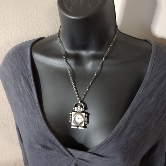 Very Cool Dark Silver Tone Robot Watch Pendant Necklace 21 Inches Long - Picture 1 of 11